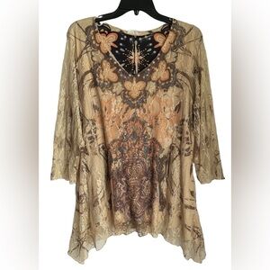 Brittany Black Blouse Top Size XL Bohemian Neutral Printed Lace Overlay Casual